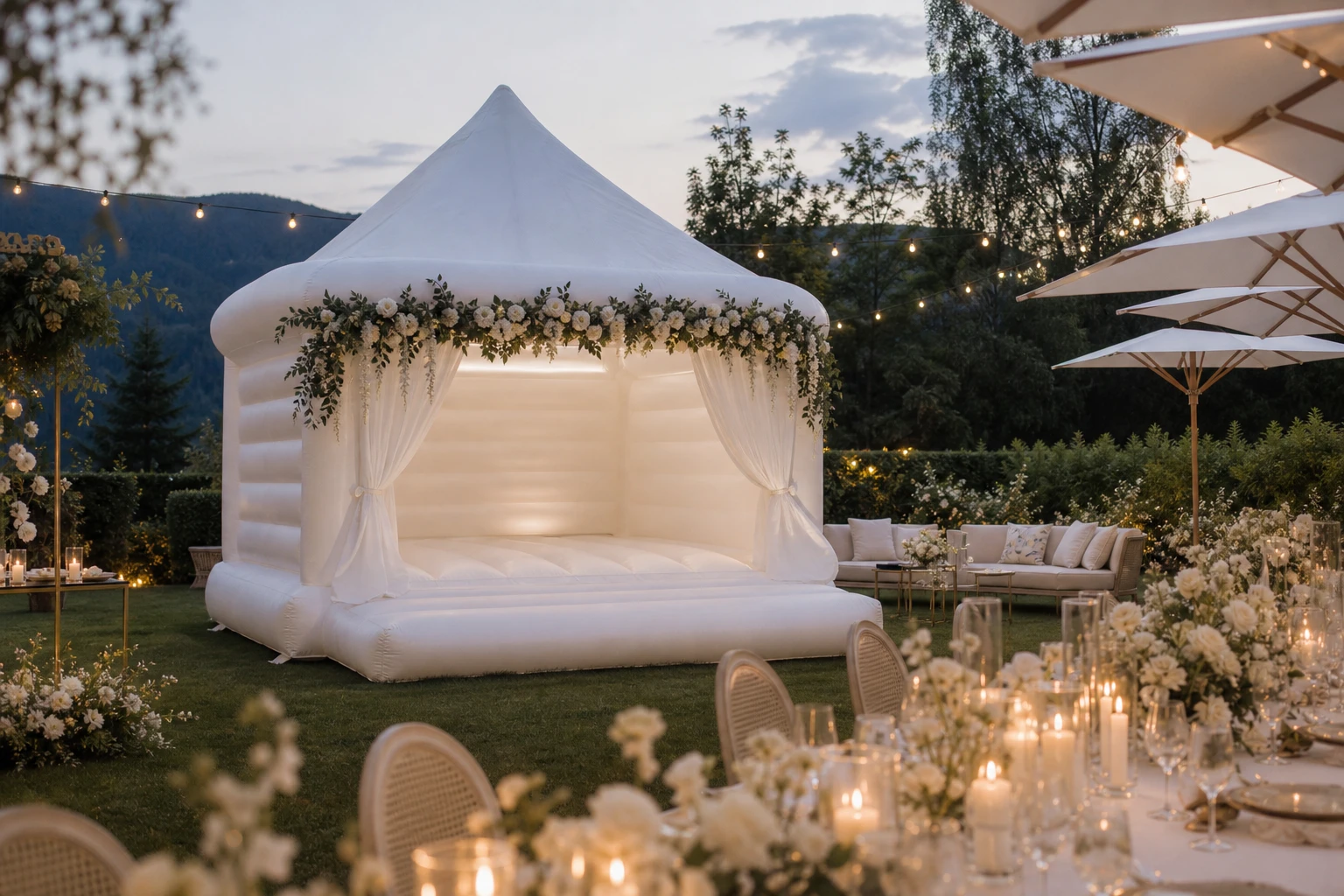 Weiße Hochzeitshüpfburg als eleganter Fotospot bei Abendlicht