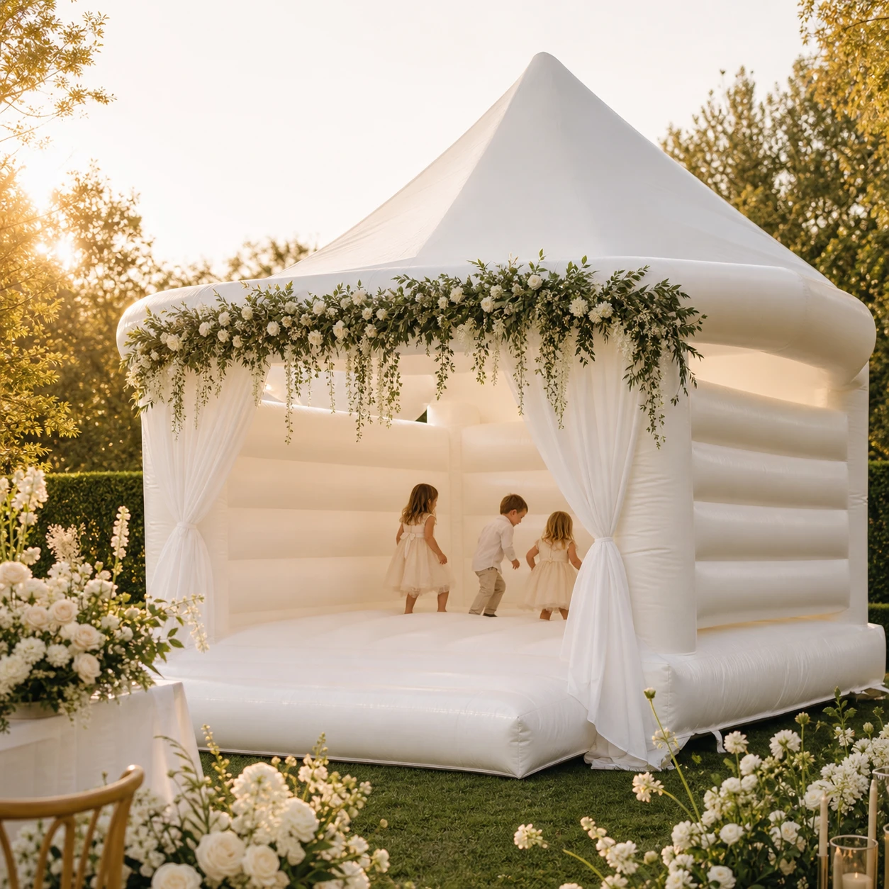 Weiße Hochzeitshüpfburg mit spielenden Kindern in einer stilvollen Gartenhochzeit