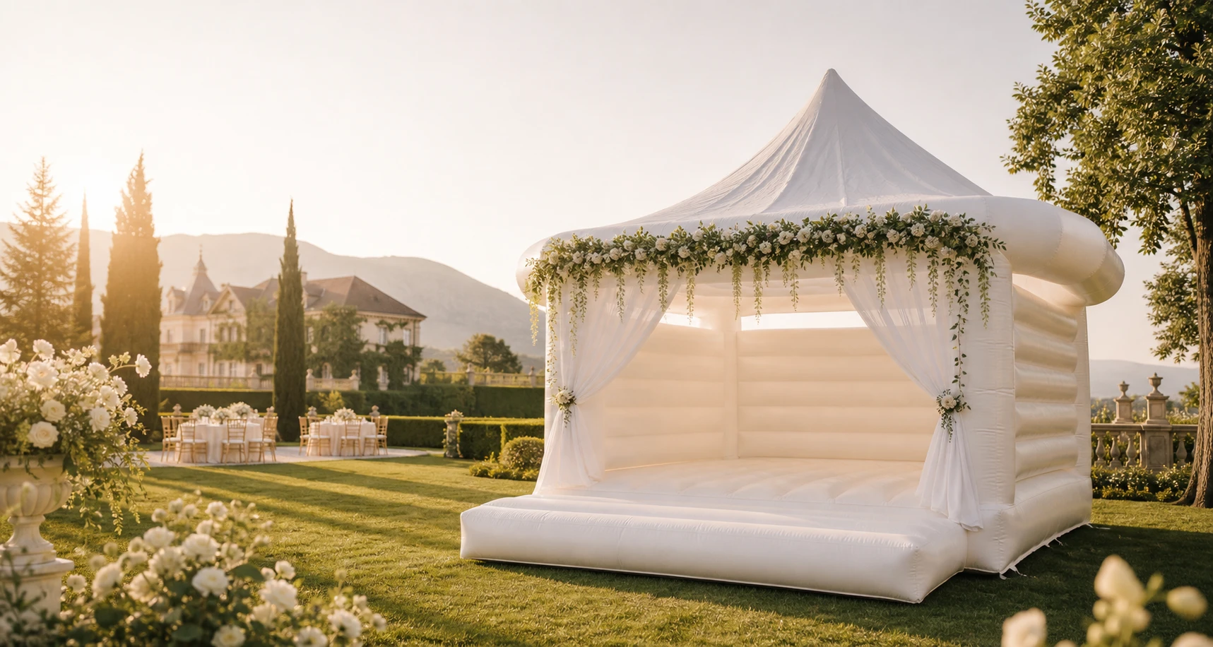 Elegante weiße Hochzeitshüpfburg mit Blumendekor in einem luxuriösen Garten